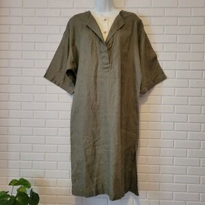 Vintage 80s Anne Klein II Gray Linen Notched Neck Tunic Dress Minimalist
